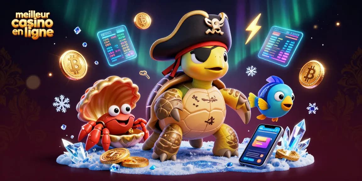 Profitez des trésors d'un meilleur casino en ligne avec une tortue pirate et des symboles de crypto-monnaie.