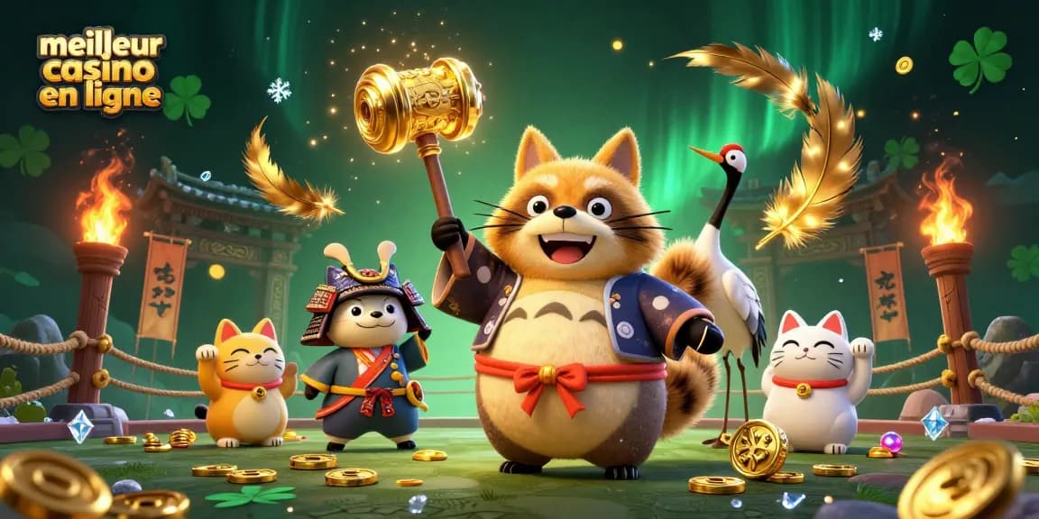 Découvrez le meilleur casino en ligne avec un tanuki joyeux et des maneki-neko dans un décor animé.