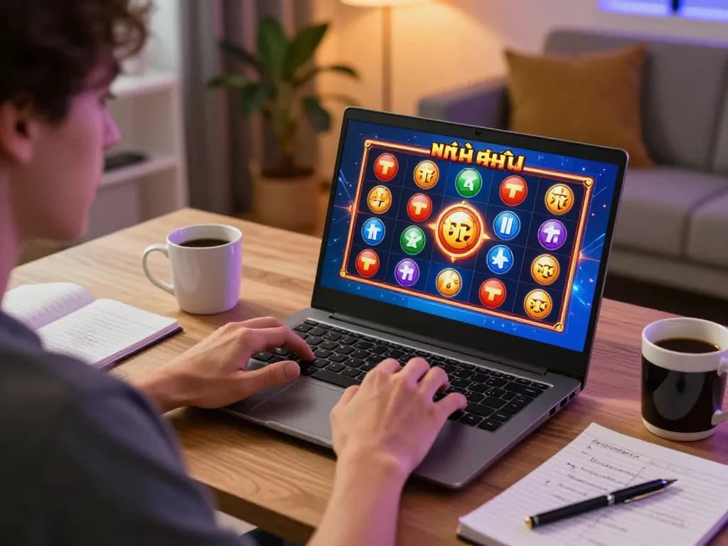 Player enjoying nổ hũ online with vibrant visuals on laptop during home game session.