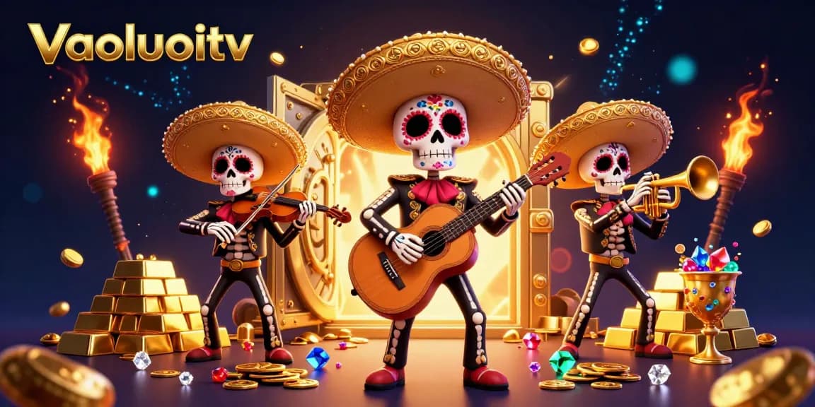 Experience thrilling moments at vaoluoitv with a vibrant illustration of a mariachi band amidst dazzling casino treasures.