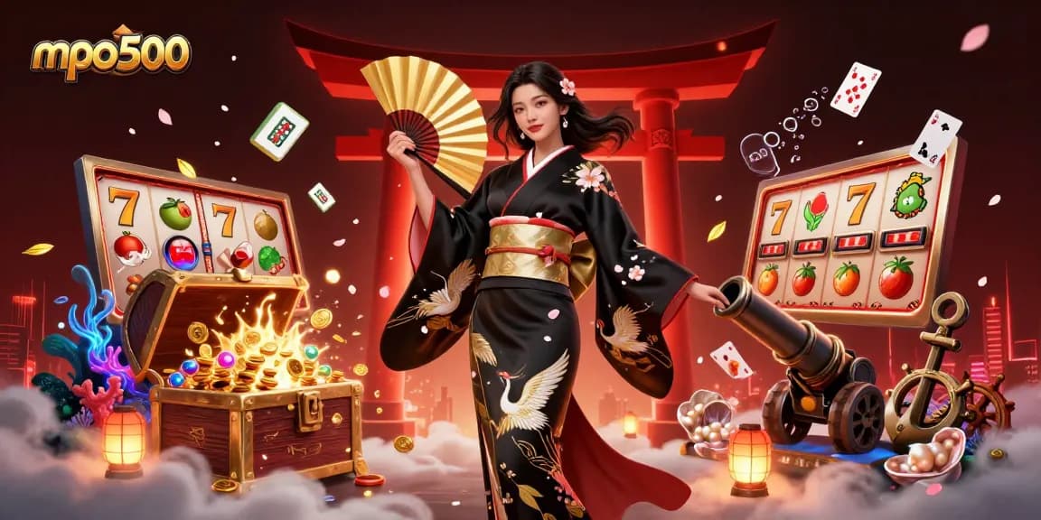Engage with mpo500 in a captivating 3D casino scene featuring slots, lucky symbols, and a traditional Asian theme.