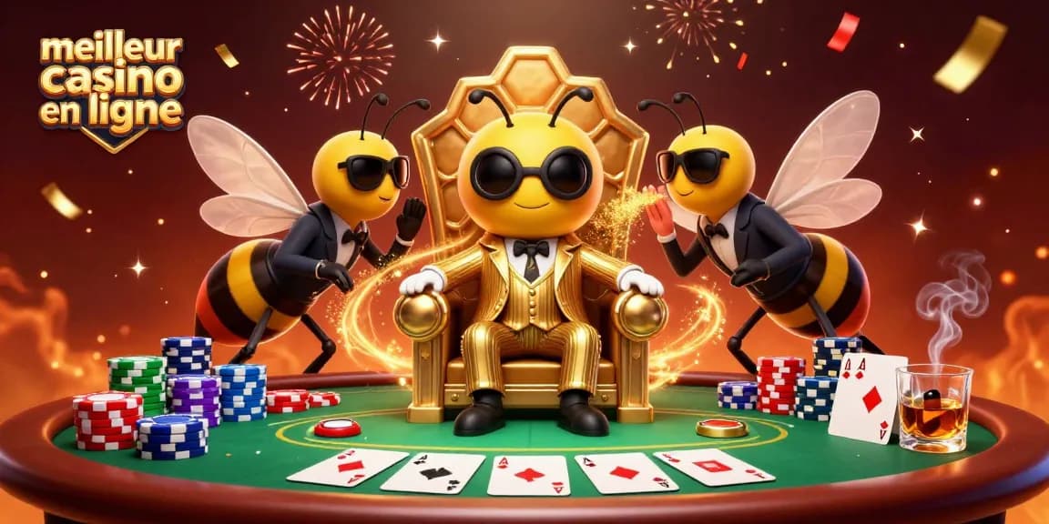 Découvrez le meilleur casino en ligne avec une scène vibrante de jeux de poker et de personnages captivants.