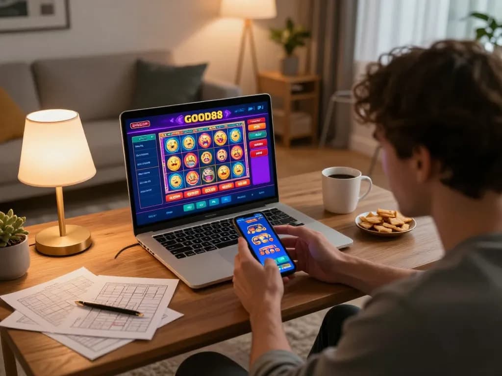Engaged player exploring the GOOD88 casino app on smartphone in a cozy home setting