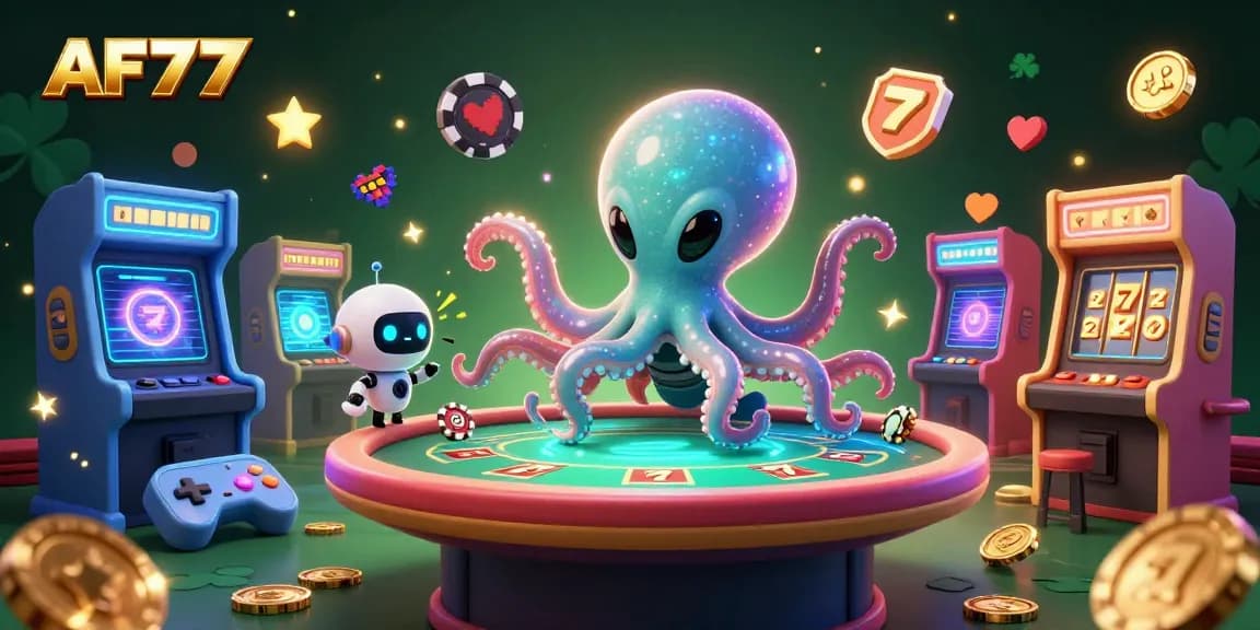 Experience thrilling games at AF77 with 3D octopus and robot in a vibrant casino universe.