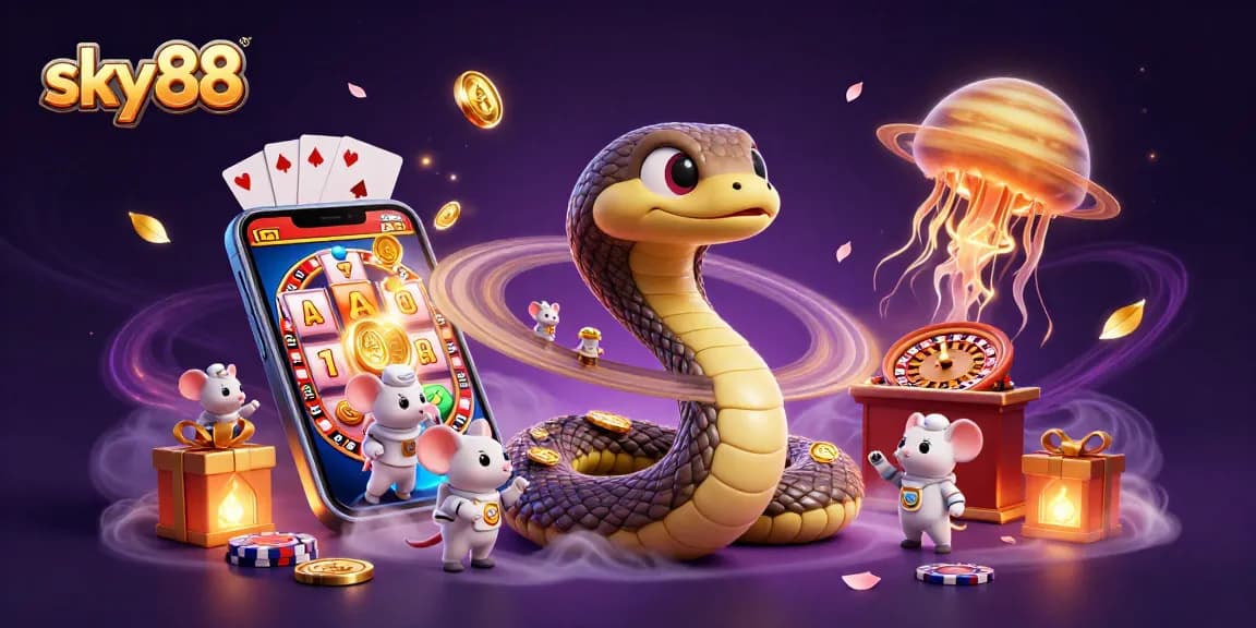 Engage with sky88's thrilling gaming universe featuring vibrant slot games and interactive cosmic scenes of betting.