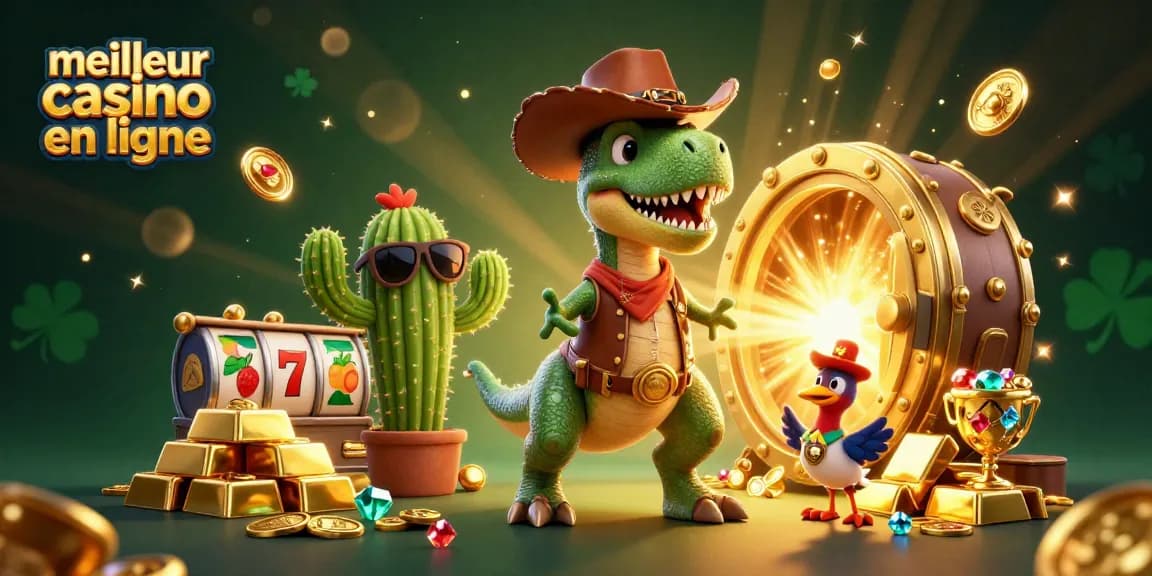 Explorez le meilleur casino en ligne avec un dinosaure T-Rex et des éléments de jeu captivants.
