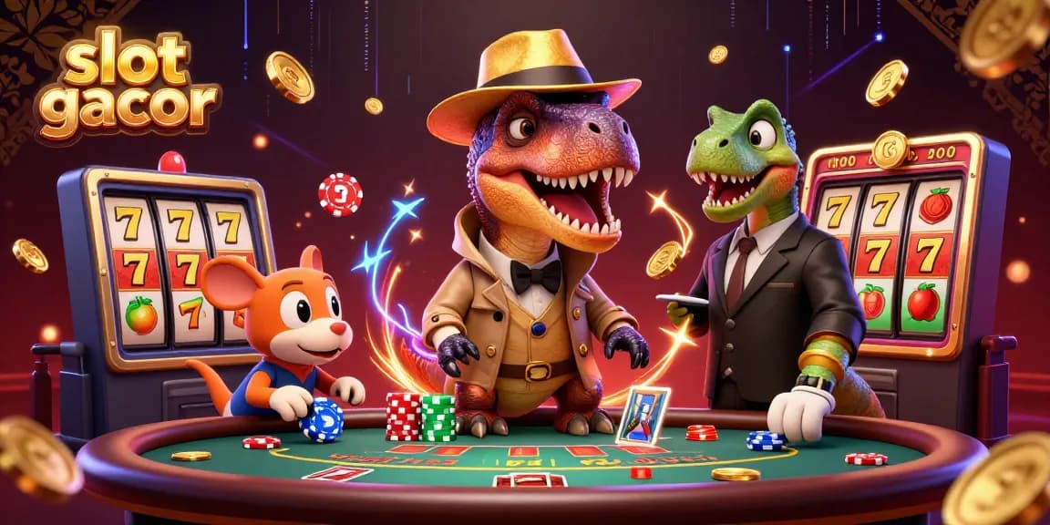 Engage with slot gacor featuring a clever velociraptor card counter at a vibrant casino scene with slot elements.