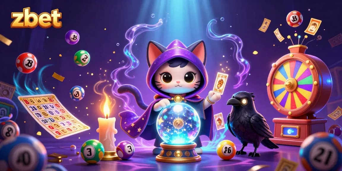 Experience the excitement of Zbet with a vibrant, mystical 3D illustration, featuring a fortune teller and lottery elements.