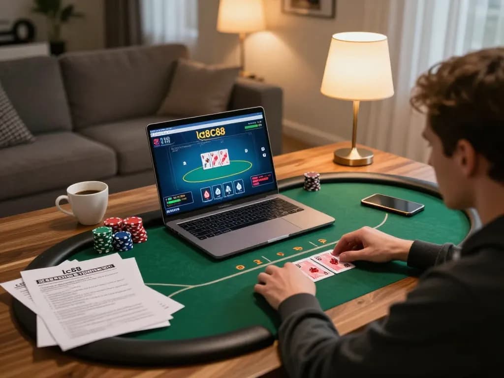 Play poker online at lc88 trang chu with a cozy home setup, strategy notes visible.