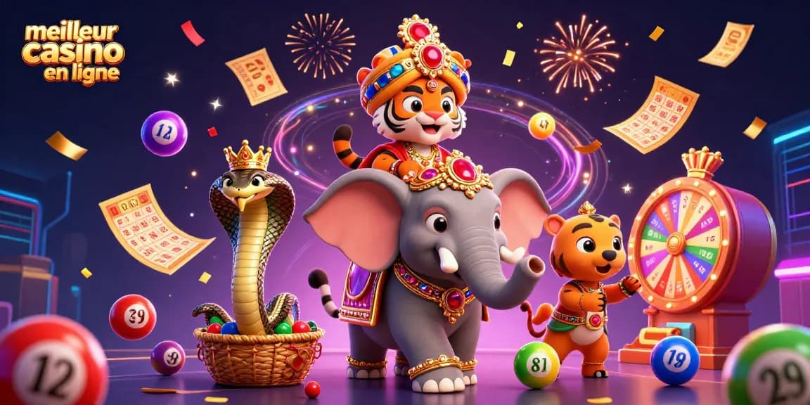 Visualisation captivante du meilleur casino en ligne avec un tigre maharaja, éléphant et éléments de loterie.
