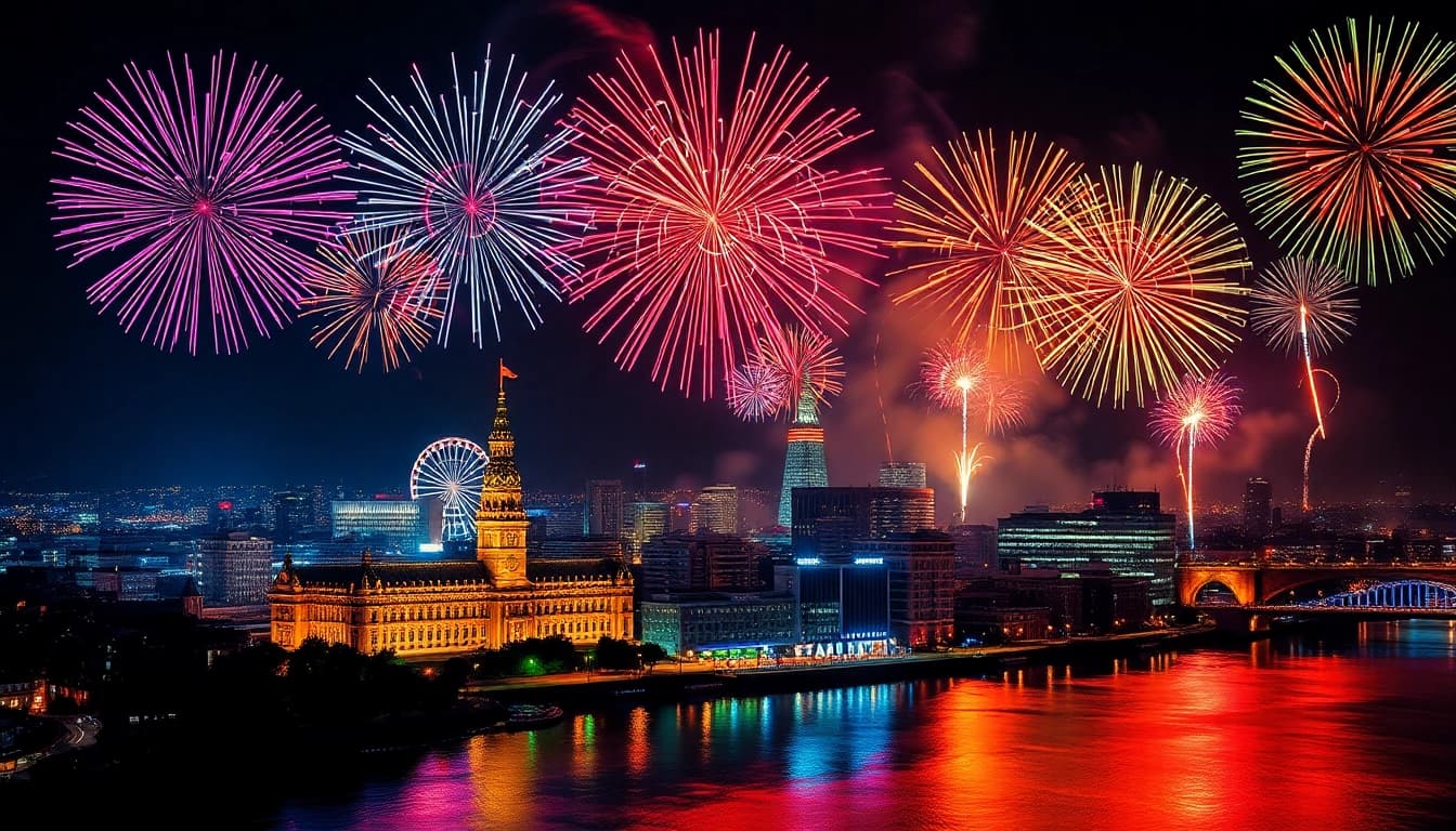Enjoy a breathtaking scene of fireworks illuminating Manchester in vibrant colors for an unforgettable celebration.