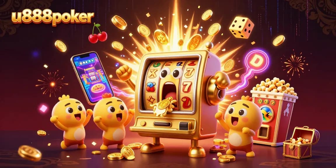 u888poker hits the jackpot with a golden slot machine bursting with action and coins.