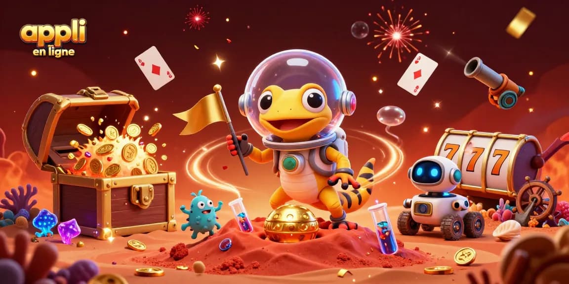 Appli casino en ligne : Martien et ses amis découvrent un casino doré sur Mars, pleins de trésors.