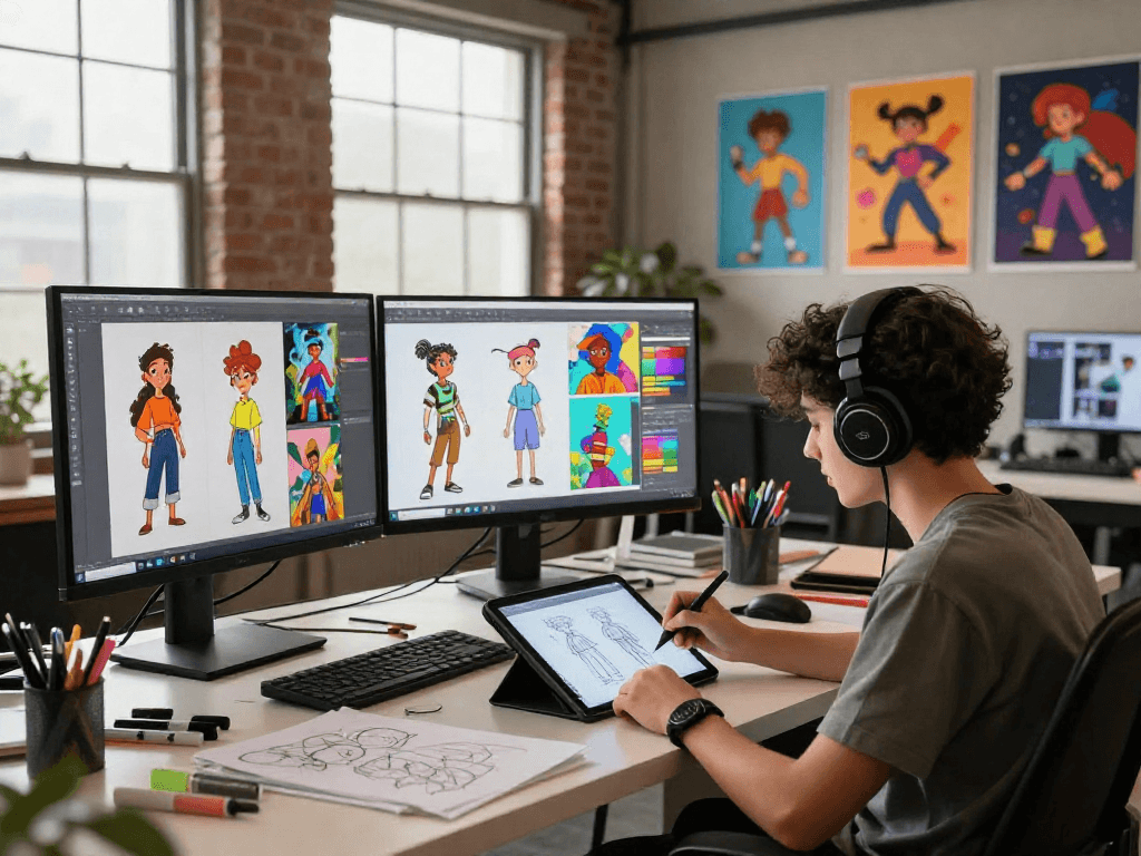Creative digital artist designing character ai nsfw in a vibrant studio.