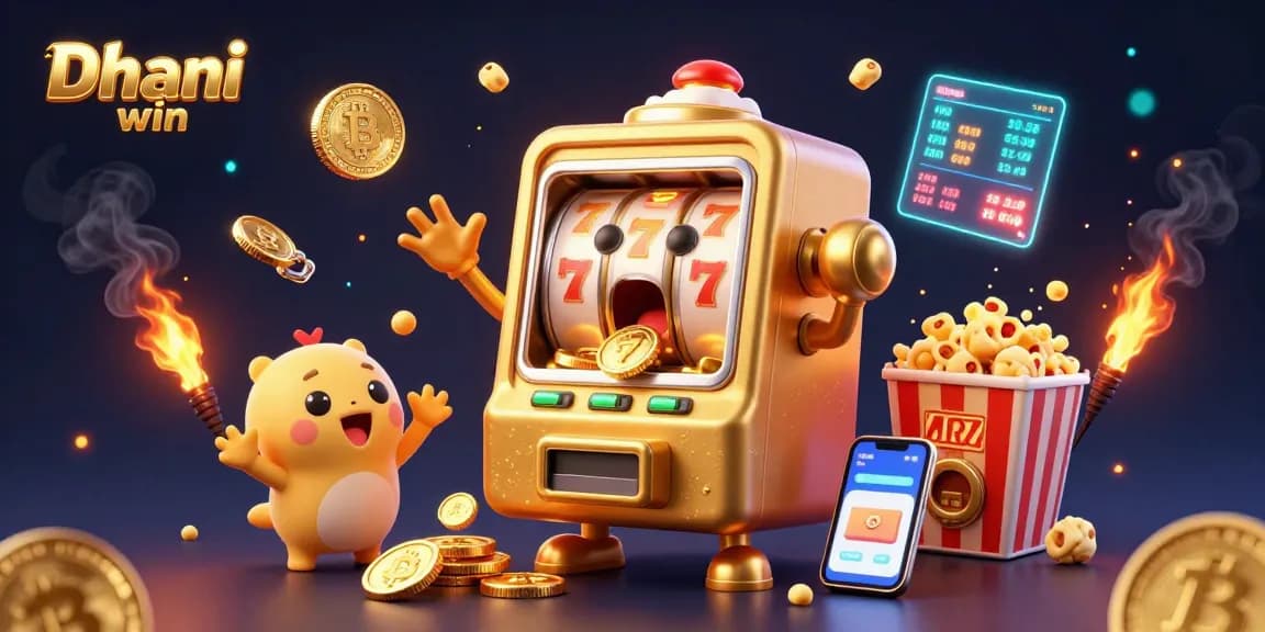 Dhani win jackpot celebration with cartoon slot machine, cheering baby slots, and golden coins.