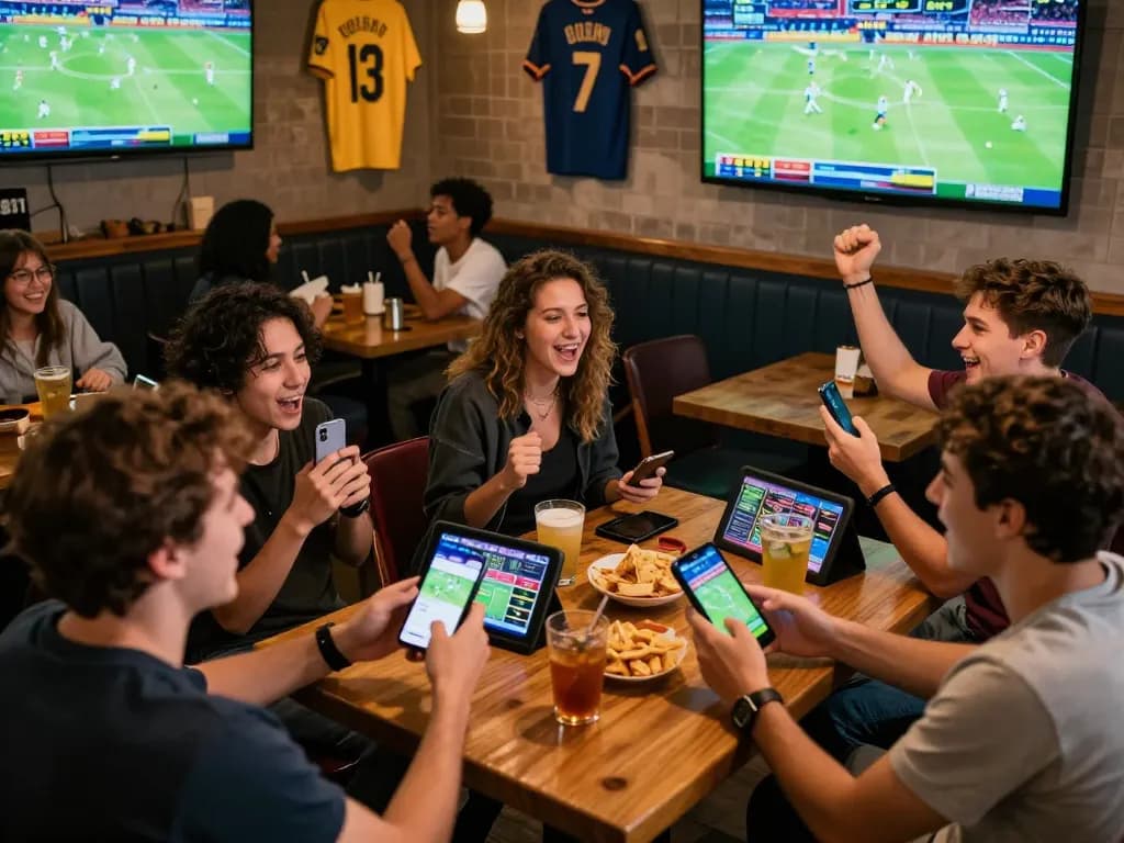 Friends engaging in live sports betting on the 888top app during an exciting game night.