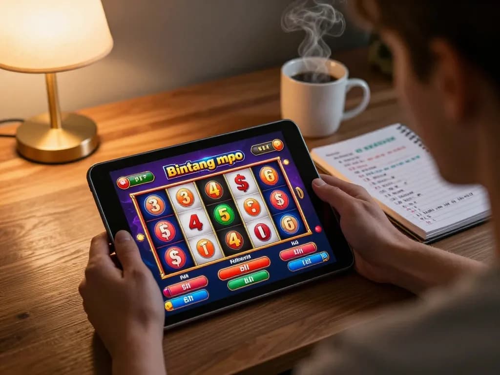 Rasakan permainan mendebarkan dengan slot online bintangmpo yang ditampilkan di tablet di rumah.