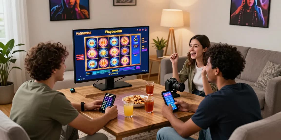 Playbook88 gaming experience with friends enjoying high RTP slots in a cozy setting