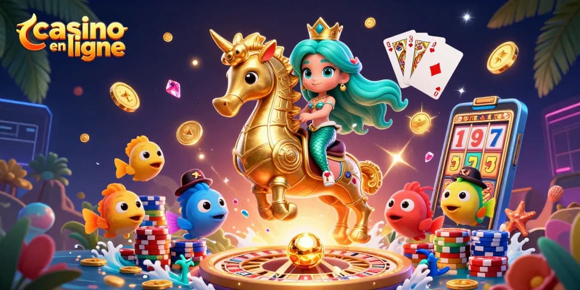 Jouez au casino en ligne avec cette illustration captivante de princesses, poissons et jeux d'argent.