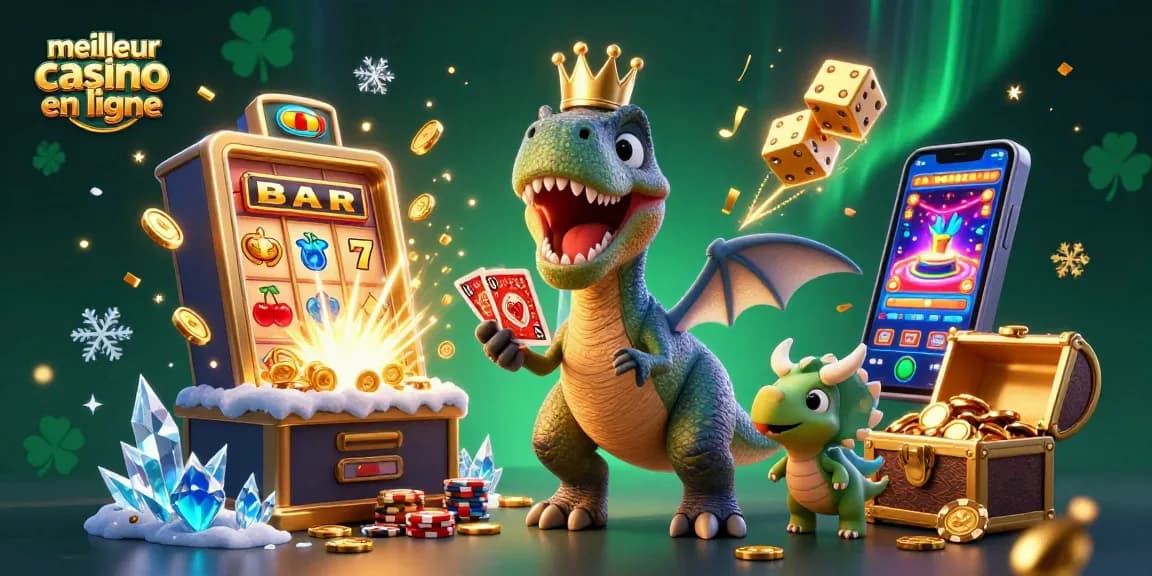Jouer au meilleur casino en ligne avec un T-Rex, un ptérodactyle et un tricératops dans une scène dynamique et colorée.