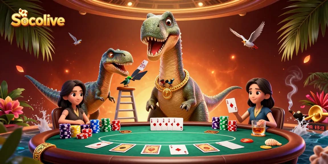 Socolive gamers enjoy an engaging poker match with a raptor dealer in an entertaining casino scene.