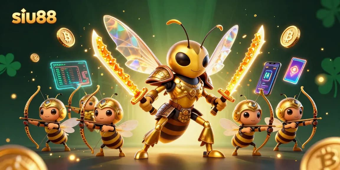 Siu88 showcases dynamic online gaming, featuring golden hornet samurai and cryptocurrency elements in action.