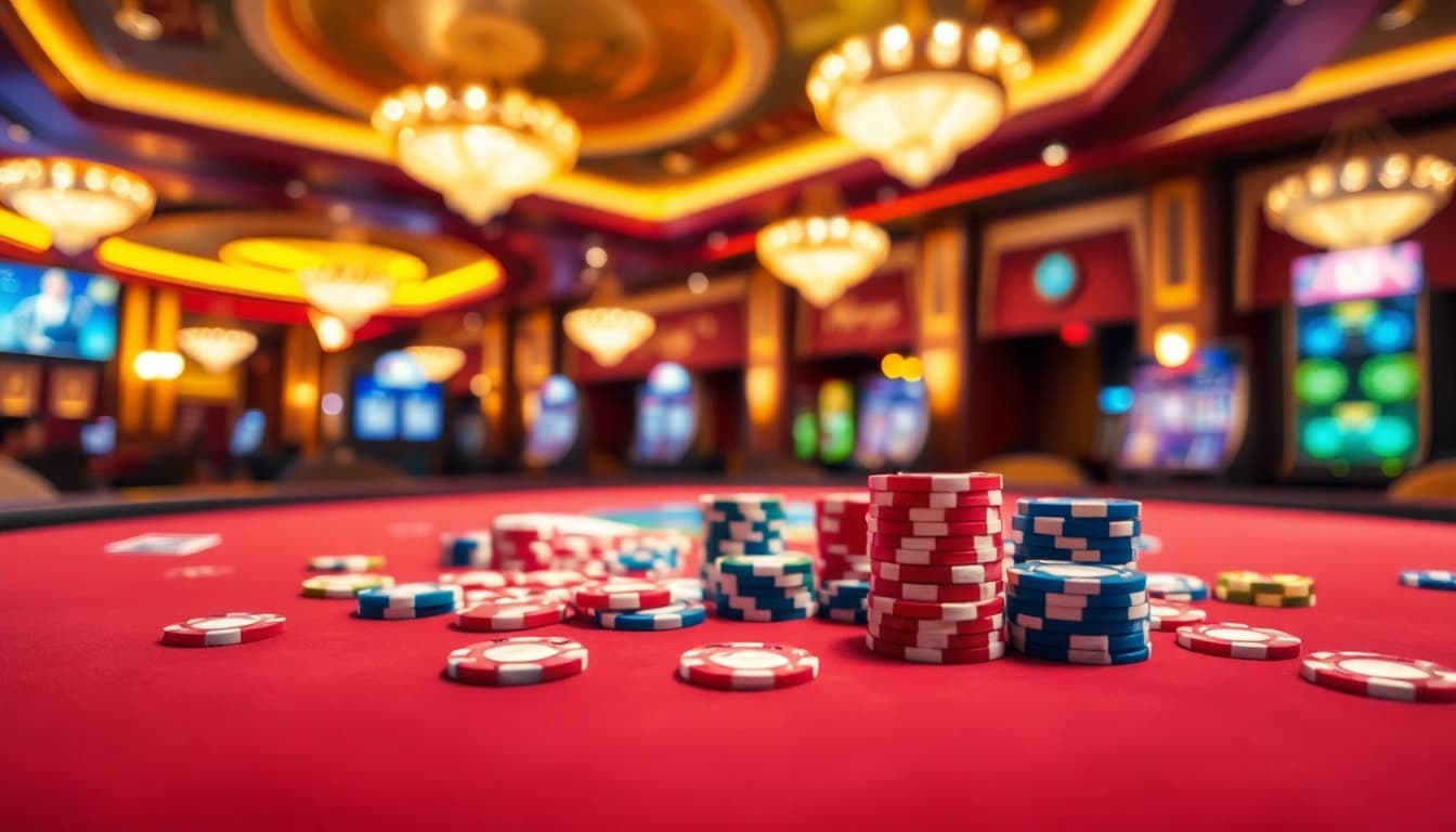 Engaging scene of a Non gamstop casino gaming table with vibrant poker chips and cards.