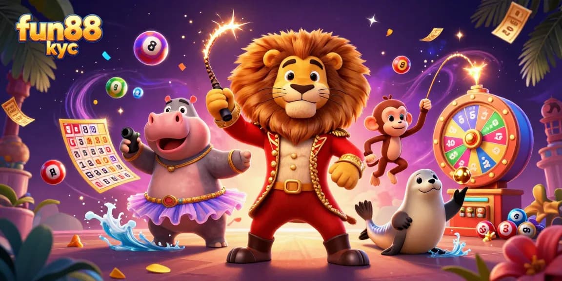 Khám phá fun88 kyc với hình ảnh sống động của sư tử đại diện và các nhân vật vui nhộn trong bối cảnh sòng bạc.
