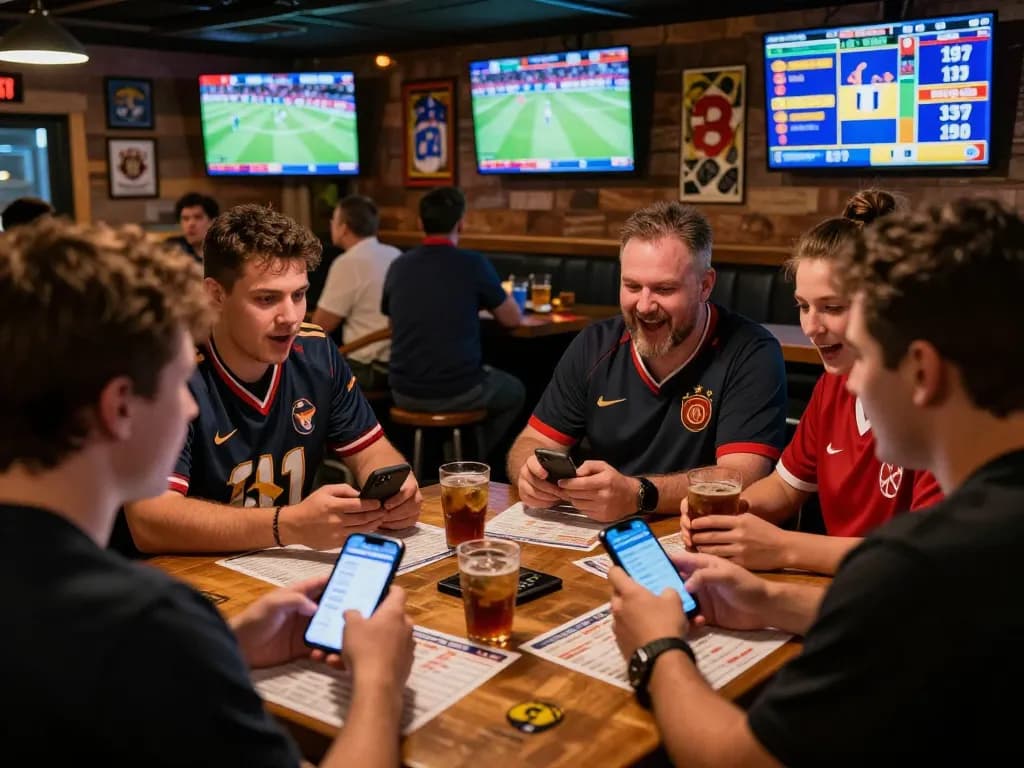vaobet sports betting excitement as patrons engage with mobile devices in a lively pub atmosphere