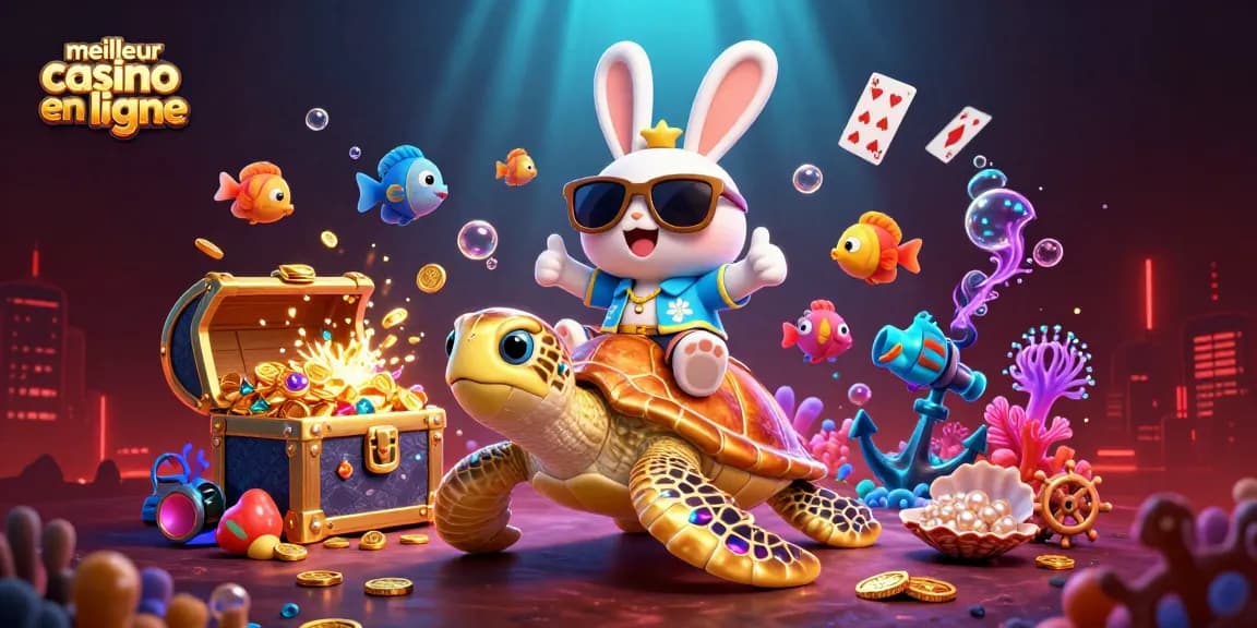Admirez notre illustration 3D d'un adorable lapin chanceux, symbole du meilleur casino en ligne, dans un cadre vibrant.