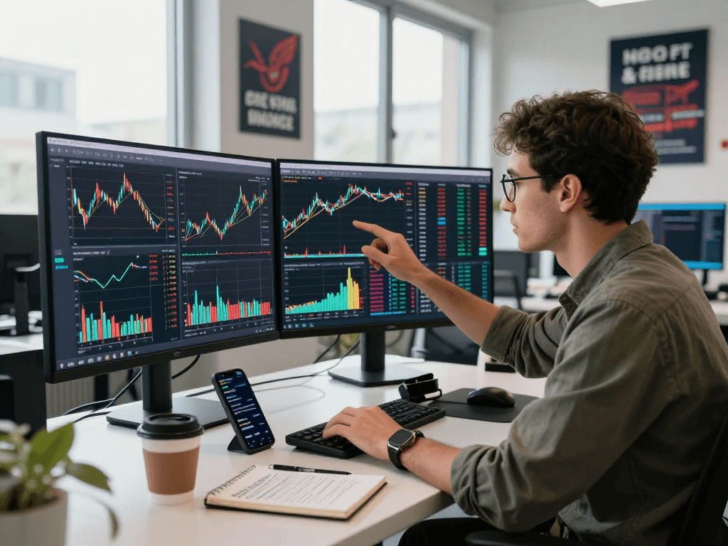Analyst using TradingView for market analysis in a modern office setting with colorful graphs.