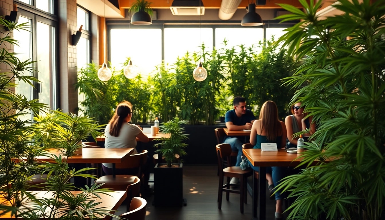 Visitors enjoying the ambiance at Mr Joint weed Club Madrid: surrounded by vibrant cannabis plants.