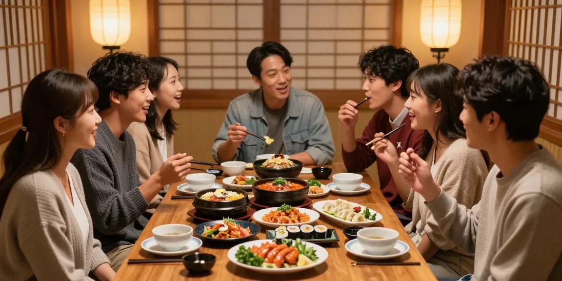 Friends sharing Asian cuisine at https://hanadultalk.com, celebrating cultural diversity in a vibrant dining setting.