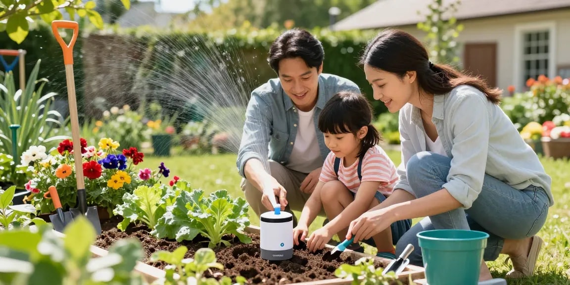 Family using rainpoint automatic watering system in a vibrant garden, enjoying planting activities.