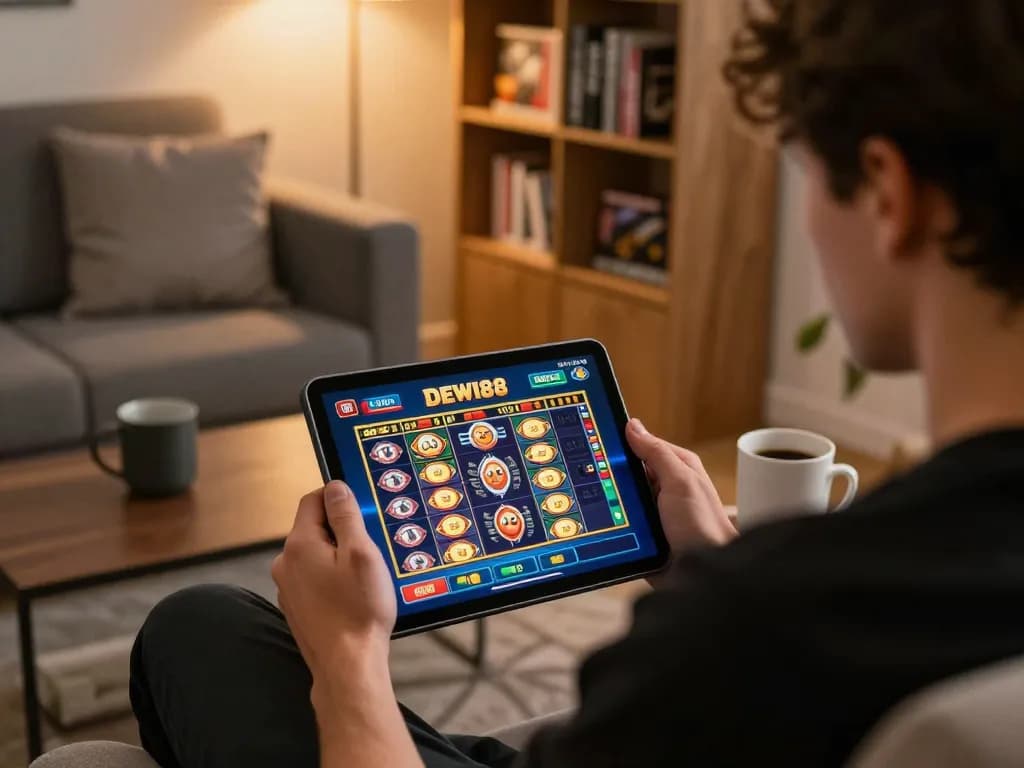 Pemain berpartisipasi dalam permainan slot DEWI88 di tablet di ruang tamu yang nyaman dengan catatan strategi.