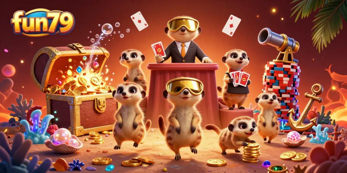 Experience thrilling wins at fun79 with meerkats managing a vibrant casino scene filled with treasures and action.