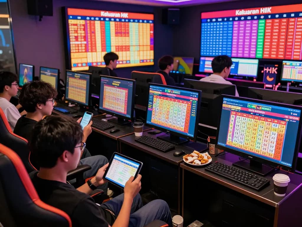 Keluaran HK results displayed in an online gaming environment with excited players checking numbers on their tablets.