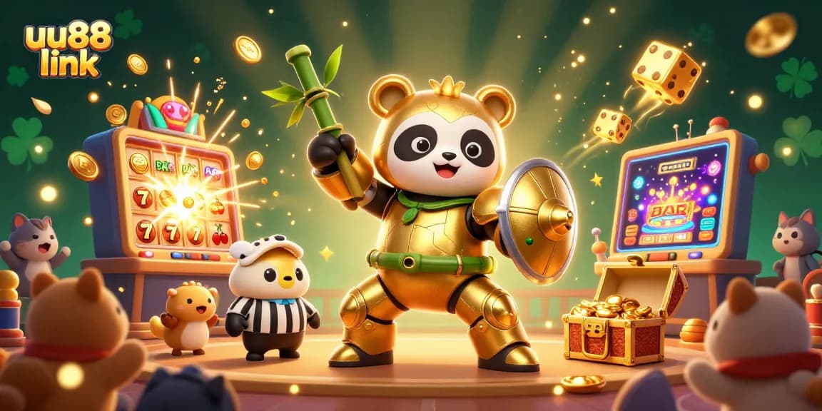 Win big with the uu88 link as the golden panda and robot battle in a vibrant casino scene.