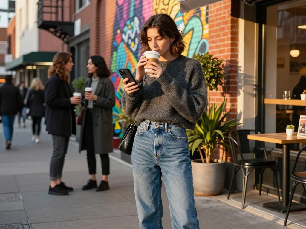 Chic urban fashion moment with charcoal wool blend jumper on revelcollective.myshopify.com, stylish individual enjoying coffee in vibrant street.