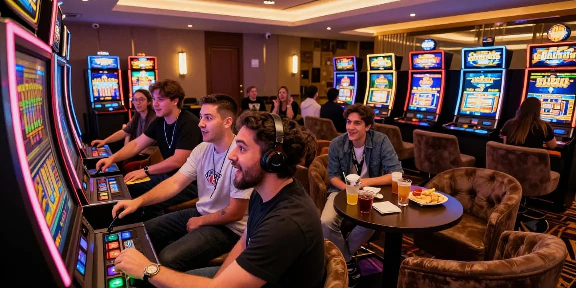 Friends joyfully playing at a slot gacor machine in a vibrant casino.