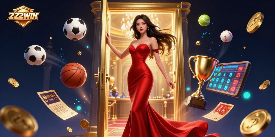 Engage in a thrilling VIP casino experience with 222WIN featuring an elegant Asian hostess and dynamic sports elements.