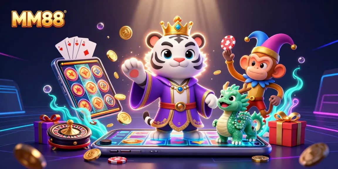 Engage with MM88’s vibrant casino world featuring a royal tiger and playful monkey.