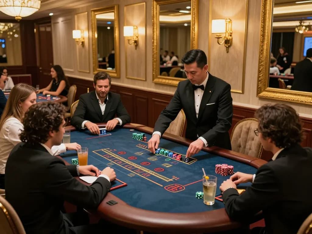 Players enjoying a game of blackjack at 388bet's luxurious VIP gaming area in an upscale casino.