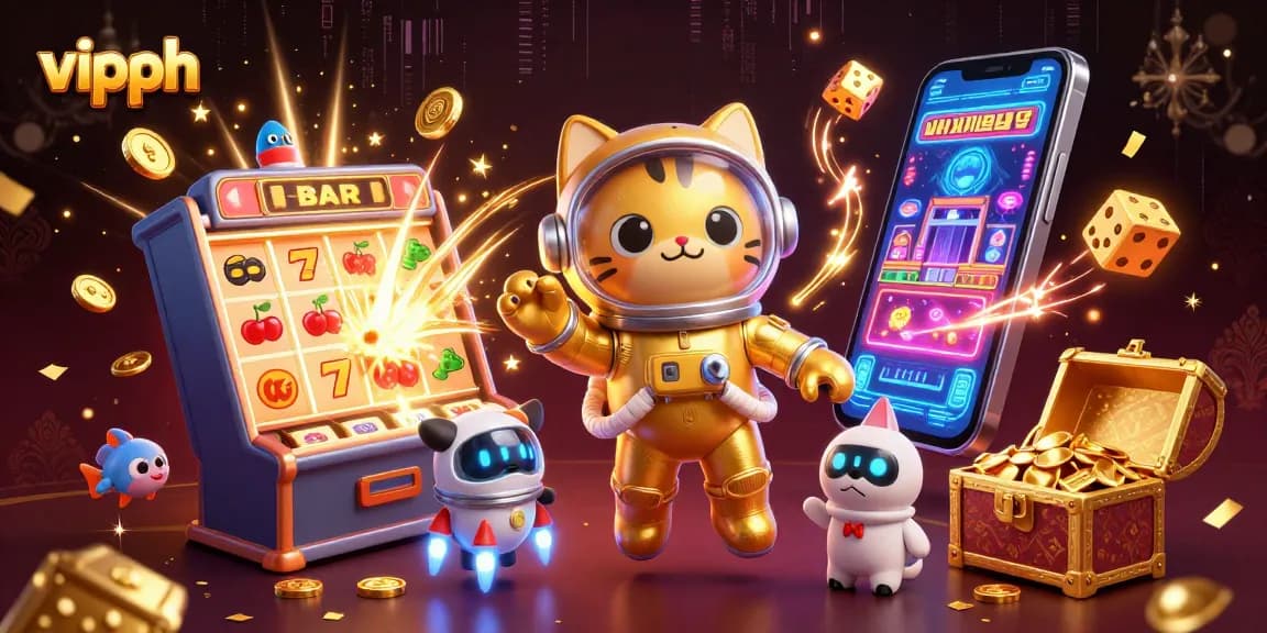 Experience dynamic gaming excitement at vipph with cartoon characters amidst casino treasures.