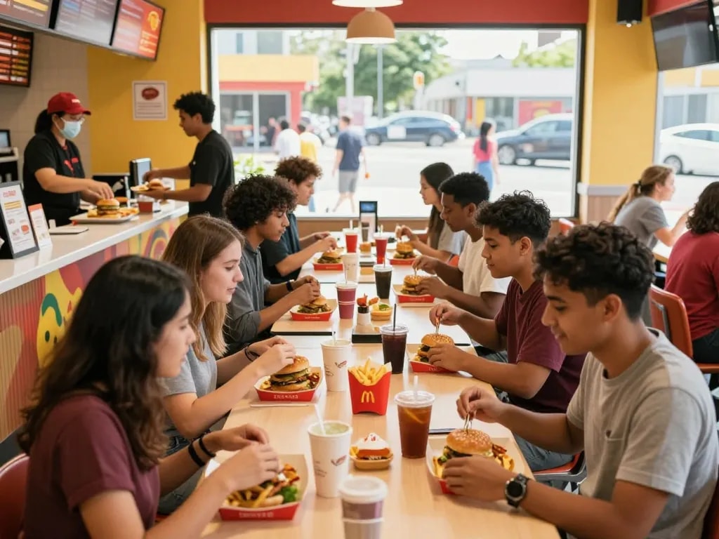 Customers enjoying fast food prices at a bustling restaurant, showcasing vibrant dining atmosphere.