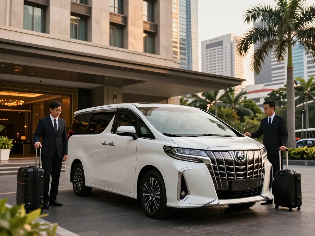Kinh nghiệm du lịch sang trọng với cho thuê xe Alphard bên ngoài một khách sạn cao cấp tại Thành phố Hồ Chí Minh.