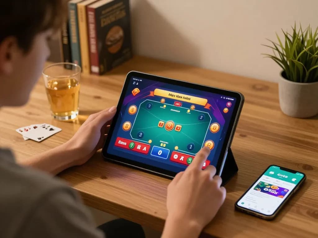Engaged player using the Go99 app for online gaming on a tablet in a cozy home setting.