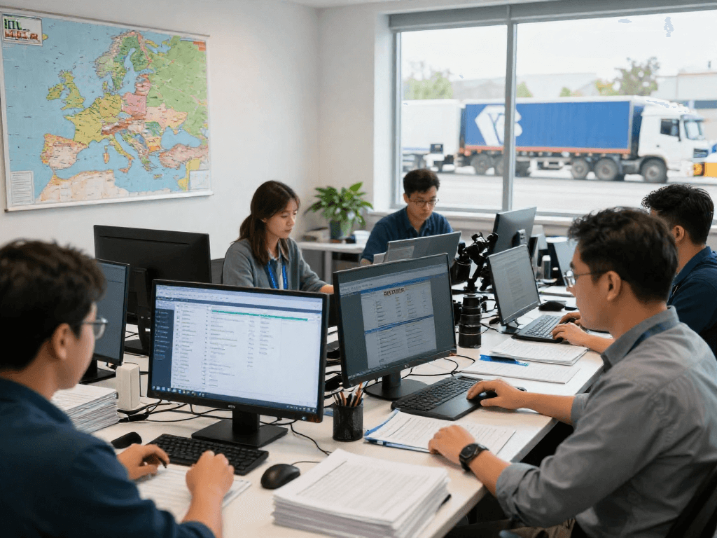 Teilladung Transport von Dortmund, Logistikmanager am Computer, Team bespricht Lieferpläne im Büro.