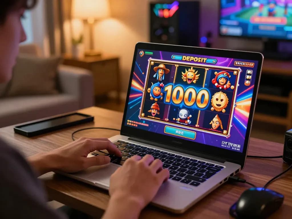 Player engaging in online slots with a slot deposit 1000 setup, enjoying vibrant graphics and cozy atmosphere.