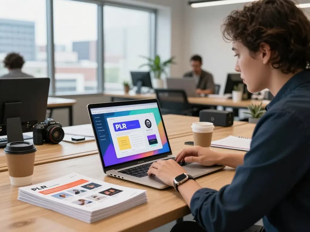 Buy PLR Digital Products in a modern workspace with vibrant designs, showcasing entrepreneurial potential.